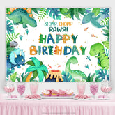 Stomp Chomp Rawr Feuilles vertes Toile de fond de fête d'anniversaire